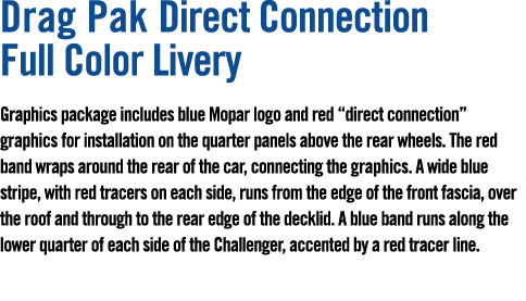 Drag Pak Direct Connection Full Color Livery Graphics package includes blue Mopar logo and red “direct connection” gr...
