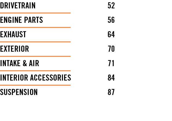 DRIVETRAIN 52 ENGINE PARTS 56 EXHAUST 64 EXTERIOR 70 INTAKE & AIR 71 INTERIOR ACCESSORIES 84 SUSPENSION 87