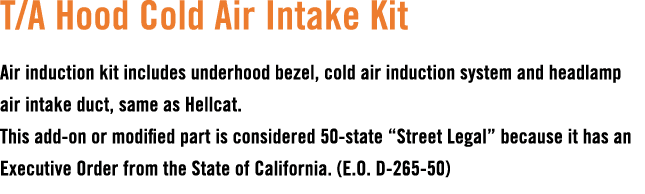 T/A Hood Cold Air Intake Kit Air induction kit includes underhood bezel, cold air induction system and headlamp air i...