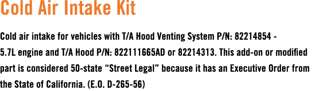 Cold Air Intake Kit Cold air intake for vehicles with T/A Hood Venting System P/N: 82214854 5.7L engine and T/A Hood ...