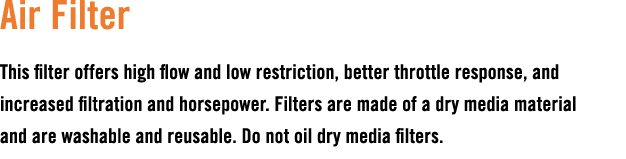 Air Filter This filter offers high flow and low restriction, better throttle response, and increased filtration and h...