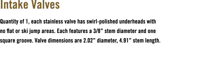 Intake Valves Quantity of 1, each stainless valve has swirl polished underheads with no flat or ski jump areas. Each ...